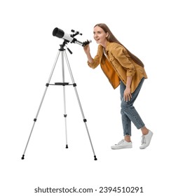 Young astronomer looking at stars through telescope on white background