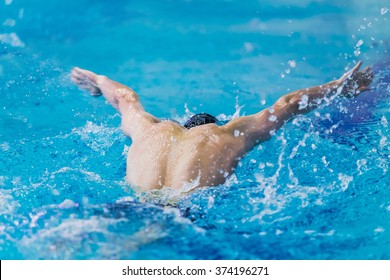 young athlete swimmer swimming in pool butterfly. rear view