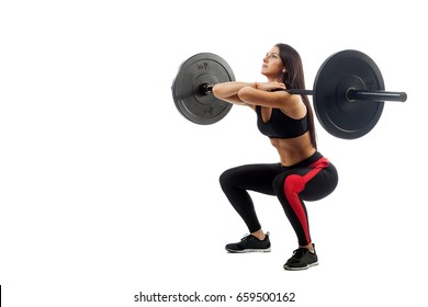 Young Athletic Brunette Woman Doing Squat With A Barbell, Loki In Front Of Him, Position Full Sucker On White Isolated Background