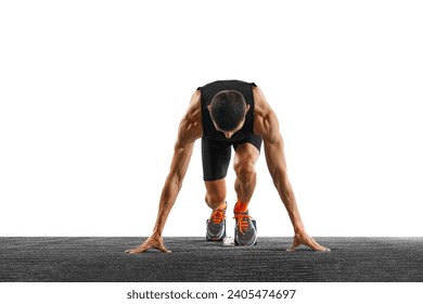 Young athletic sportsman, professional runner trains running from low start against white studio background. Concept of sport, active lifestyle, action, victory, workout. Copy space. Ad - Powered by Shutterstock