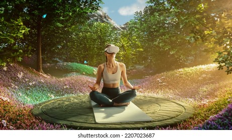 Young Athletic Woman Wearing Virtual Reality Headset, Practising Meditation in Futuristic Way. Her Consciousness is Transformed into Beautiful and Peaceful Forest. Wellbeing and Mindfulness Concept. - Powered by Shutterstock