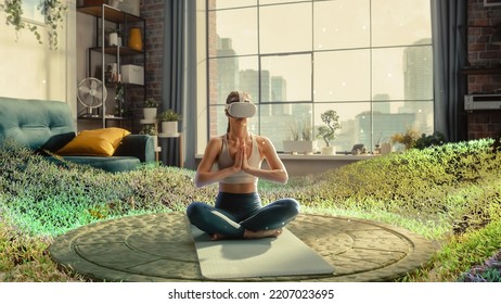 Young Athletic Woman Wearing Virtual Reality Headset, Practising Meditation in Modern Futuristic Way. She Sees Beautiful Idyllic Forest, Singing Birds and Peaceful Nature. Technology and Mindfulness. - Powered by Shutterstock