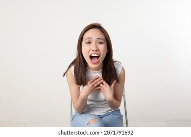 Young Attractive Asian Chinese Malay Woman Pose Face Body Expression Mode Emotion On White Background Laugh Smile Happy Me Shout