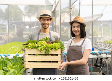 Young attractive Asian farmer couple in apron and straw hat standing together at a greenhouse farm with a male farmer holding a wooden crate full of a variety of organic vegetables recently harvested