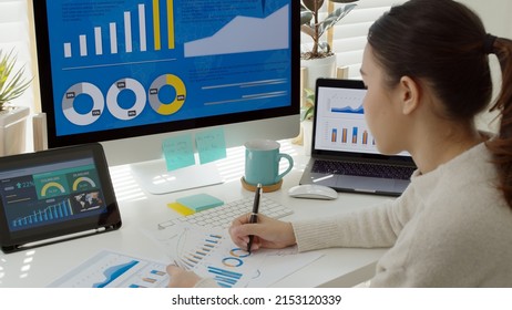 Young Attractive Asian Thai Woman Employee Busy Work Online Multiple Screen Laptop Computer Or Smart Tablet At Home In Freelance Sale Data Analytic, Data Science Scientist Engineer For Business.