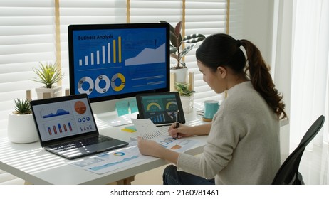 Young Attractive Asian Thai Woman Employee Busy Work Online Multiple Screen Laptop Computer Or Smart Tablet At Home In Freelance Sale Data Analytic, Data Science Scientist Engineer For Business.