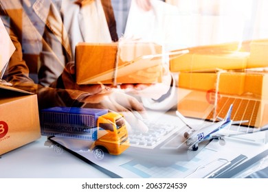 Young Attractive Asian Woman Owner Startup Business Look At Camera Work Happy With Box At Home Prepare Parcel Delivery In Sme Supply Chain, Procurement, Omnichannel Or Coronavirus Quarantine Concept.