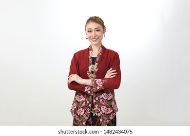 Young Attractive Asian Woman Traditional Red Maroon Nyonya Kebaya Sharong On White Background 