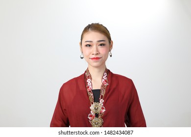 Young Attractive Asian Woman Traditional Nyonya Kebaya Sharong On White Background 