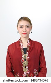 Young Attractive Asian Woman Traditional Nyonya Kebaya Sharong On White Background 