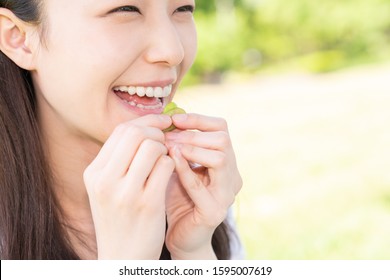 Young Attractive Asian Woman Who Eats Green Soybeans,outdoor,edamame