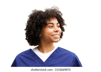 Young, Attractive Black Medical Professional, Wearing Navy Blue Scrubs, A White Shirt And A Natural Curly Stands Against An Isolated White Background, Looking Right                               