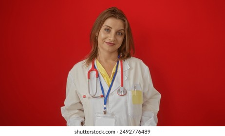 Young attractive blonde female doctor in a white coat with a stethoscope and id badge isolated against a vibrant red background - Powered by Shutterstock