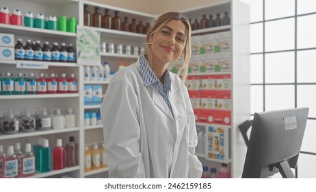 A young, attractive, blonde woman wearing a lab coat stands smiling in a pharmacy with shelves of products - Powered by Shutterstock