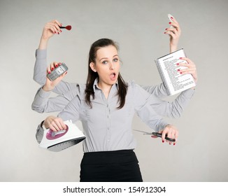 young attractive brunette with six arms multitasking her work