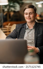 Young Attractive Business Lawyer In A Suit Is Holding A Zoom Call With A Client. Video Conference, Call, Profile Picture, Handsome Businessman Portrait, Professional Profession, Person Concept