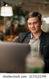 Young Attractive Business Lawyer In A Suit Is Holding A Zoom Call With A Client. Video Conference, Call, Profile Picture, Handsome Businessman Portrait, Professional Profession, Person Concept