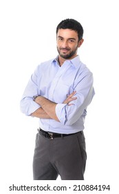 Young Attractive Business Man Standing In Corporate Portrait Isolated On White Background Smiling With Folded Arms In Shirt And Suit Trousers