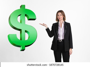 Young and attractive business woman smiling and holding green dollar sign isolated on white. - Powered by Shutterstock