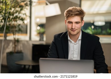 Young Attractive Businessman Lawyer In A Suit On Zoom Call. Video Conference, Call, Profile Picture, Handsome Businessman Portrait, Professional Profession, Person Concept