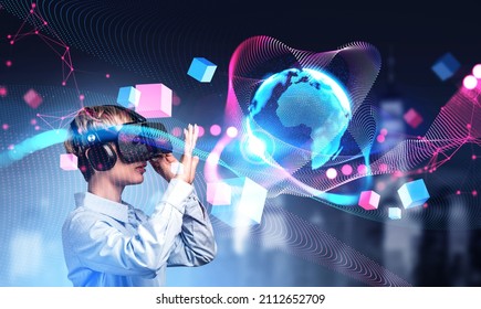 Young attractive businesswoman wearing formal shirt is wearing vr helmet. Blue background with globe and geometrical cubes. Concept of metaverse, digital interface and international communication