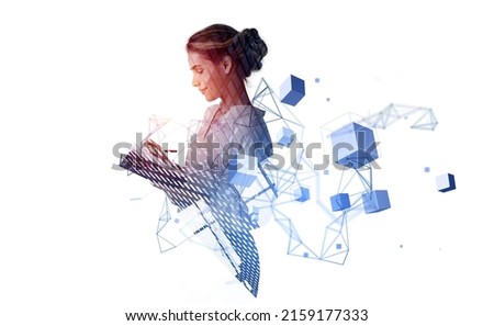 Young attractive businesswoman wearing formal wear is taking notes in notebook. City skyscraper. Digital interface with virtual geometrical figures. Concept of trading on analyzing methods of business