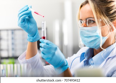 Junge attraktive, konzentrierte Wissenschaftlerin in Schutzbrillen, Masken und Handschuhen, die eine rote flüssige Substanz mit einer Pipette im Labor für wissenschaftliche Chemie in das Reagenzglas werfen
