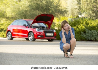 Young Attractive Desperate And Confused Woman Stranded On Roadside With Broken Car Engine Failure Crash Accident Calling On Mobile Phone For Mechanic Assistance In Insurance Company Concept