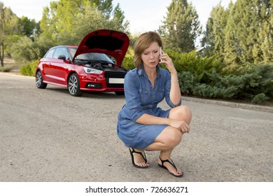 Young Attractive Desperate And Confused Woman Stranded On Roadside With Broken Car Engine Failure Crash Accident Calling On Mobile Phone For Mechanic Assistance In Insurance Company Concept