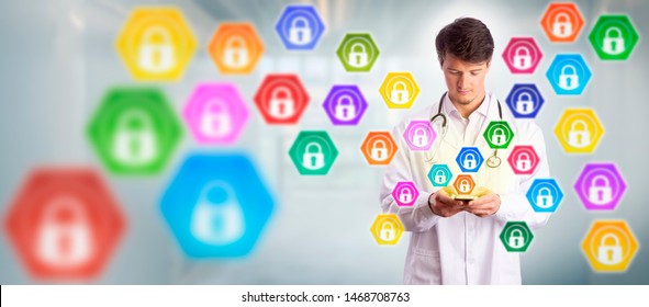 Young Attractive Doctor Accessing Or Sending Data Via Smart Mobile Device. Health Care And Medicine Technology Concept For Connectivity, Mobility, Data Privacy, Information Security, Cybersecurity.