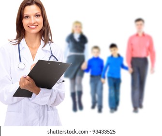 Young attractive family doctor isolated over white background