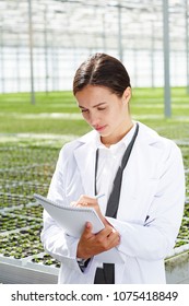 Young attractive female agricultural engineer in white overall making notes about conditions in large commercial glasshouse