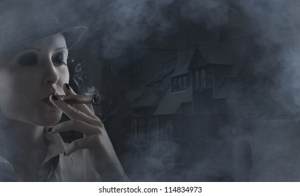 Young attractive female gangster smoking cigar over dark background - Powered by Shutterstock