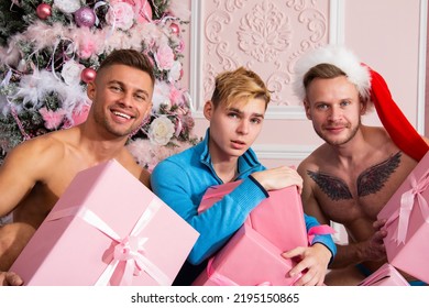 Young Attractive Gay Family. Christmas And New Year.