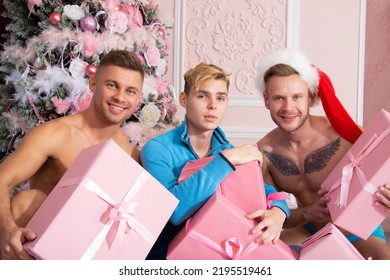 Young Attractive Gay Family. Christmas And New Year.