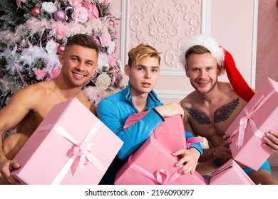 Young Attractive Gay Family. Christmas And New Year.