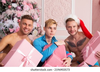 Young Attractive Gay Family. Christmas And New Year.