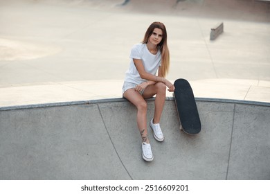 Young attractive girl in a white t-shirt and sneakers in modern skatepark with skateboard. - Powered by Shutterstock