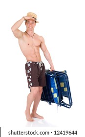 Young Attractive Male Body Builder With Beach Chair. Studio Shot, White Background.