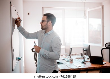 Young Attractive Man In Glasses Is Writing A Business Plan On Whiteboard.