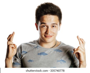 young attractive man isolated thinking emotional on white close up gesturing smiling