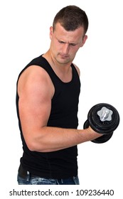 Young Attractive Man Pumping Weights In A Black Tank Top