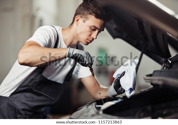 A young and attractive mechanic is checking an oil\
level of a car engine
