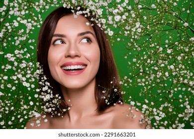 Young attractive model look decorated floral background gypsophila s breath stem connection with nature admire bloom