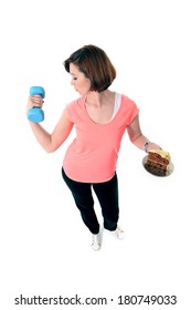 Young Attractive Red Hair Woman Lifting Weights In Sport Clothes Isolated On White Background