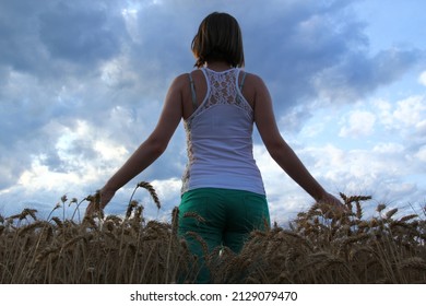 Young attractive woman in the barley ripe field at evening time. Absorbing sun energy. Relaxing.