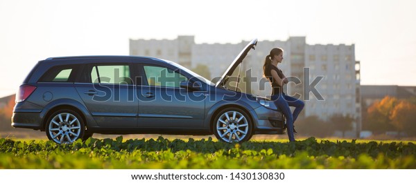 Young attractive woman at car with open hood in\
green meadow on blurred apartment building and clear bright sky\
copy space background. Transportation, vehicles problems and\
breakdowns concept.