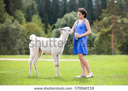 Young attractive woman feeding baby lama outdoors