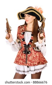 Young attractive woman with guns dressed as pirates