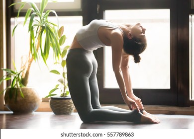 Young Attractive Woman Practicing Yoga, Sitting In Ustrasana Exercise, Camel Pose, Working Out, Wearing Sportswear, Grey Pants, Bra, Indoor Full Length, Home Interior Background, Near Potted Plants